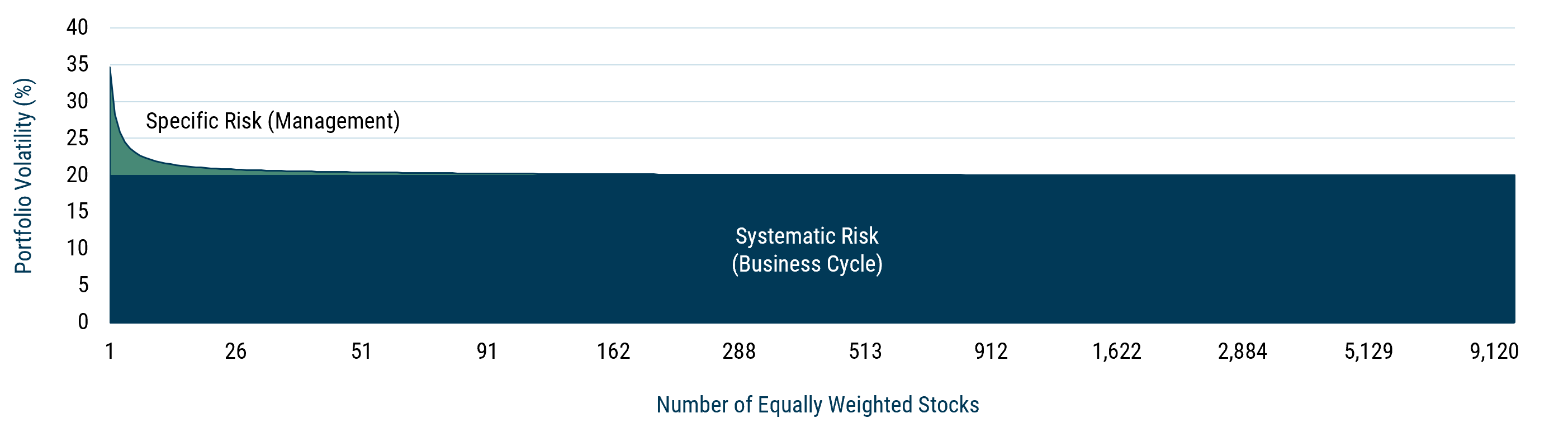 Line chart showing systematic risk remaining constant and specific risk falling sharply as the number of companies in a portfolio increases, illustrating that expanding a portfolio from 100 to 10,000 companies offers negligible diversification gains