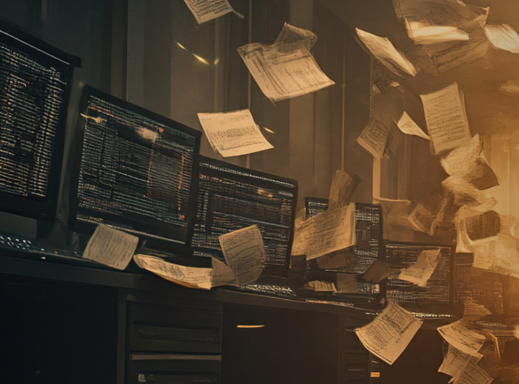 Dynamic trading environment, bustling energy, overwhelmed traders, scattered documents, intense market fluctuations, urgent decision-making